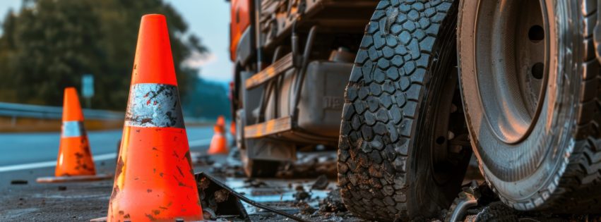 A truck with a blown tire and visible damage on the side of the road with hazard cones around it , stock photo --ar 16:9 --style raw Job ID: 71cea430-d170-4082-910f-2e22306637bc